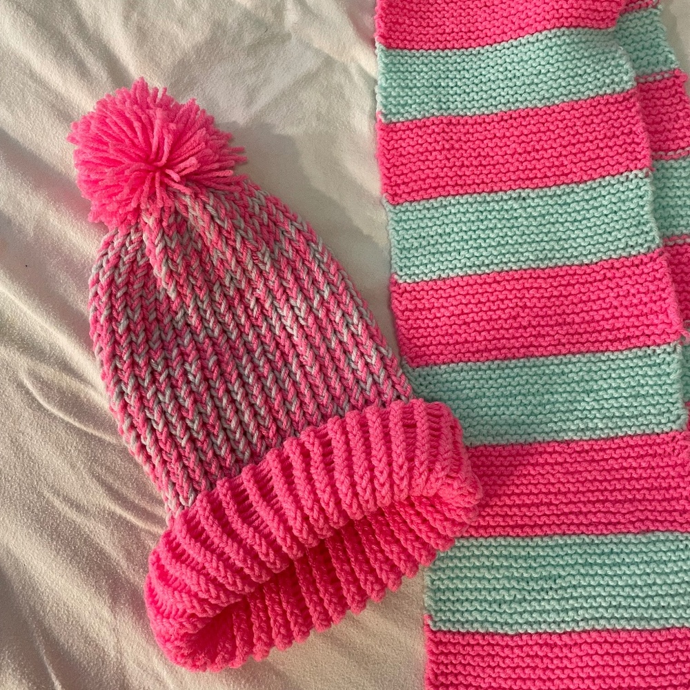 Pink and Blue Winter Hat and Scarf